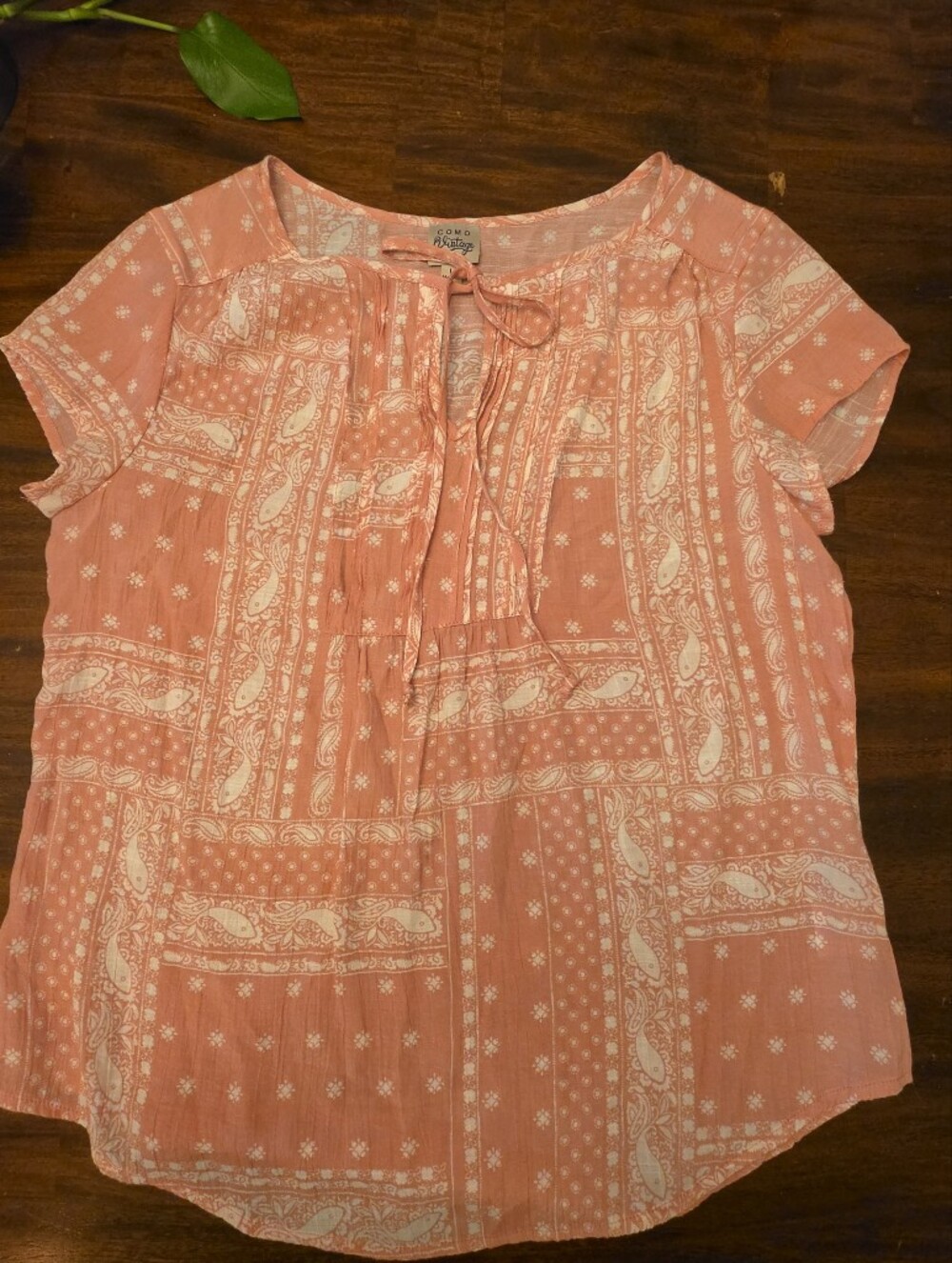 Como Vintage Peach Pink Geometric Boho Peasant Blouse